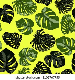 Seamless Tropical Pattern. Vector Monstera Leaves. Beautiful Hand-drawn Background with Philodendron. Exotic Illustration with Jungle Foliage. Seamless Tropical Pattern For Print, Textile, Fabric.