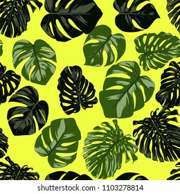 Seamless Tropical Pattern. Vector Monstera Leaves. Beautiful Hand-drawn Background with Philodendron. Exotic Illustration with Jungle Foliage. Seamless Tropical Pattern For Print, Textile, Fabric.