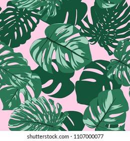 Seamless Tropical Pattern. Vector Monstera Leaves. Beautiful Hand-drawn Background with Philodendron. Exotic Illustration with Jungle Foliage. Seamless Tropical Pattern For Print, Textile, Fabric.