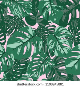 Seamless Tropical Pattern. Vector Monstera Leaves. Beautiful Hand-drawn Background with Philodendron. Exotic Illustration with Jungle Foliage. Seamless Tropical Pattern For Print, Textile, Fabric.