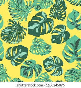 Seamless Tropical Pattern. Vector Monstera Leaves. Beautiful Hand-drawn Background with Palm Philodendron. Exotic Wallpaper with Jungle Foliage. Seamless Tropical Pattern For Textile, Fabric, Paper.