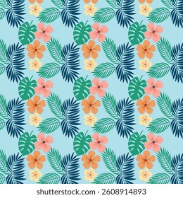 Seamless Tropical Pattern with Vibrant Flowers and Lush Green Leaves