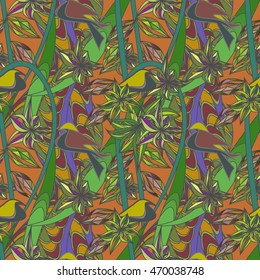 Seamless tropical pattern with vines and birds. Bright colorful zentangle background. Vector print.
