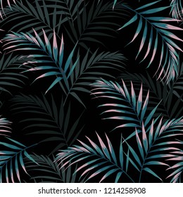 Seamless tropical pattern, vivid tropic foliage, with dark and pink palm leaves. Modern bright summer print design. Black background.