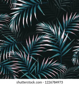 Seamless tropical pattern, vivid tropic foliage, with dark and pink palm leaves. Modern bright summer print design. Vintage black background.