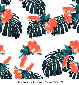 Seamless tropical pattern, vivid tropic foliage, with monstera leaves and orange hibiscus flowers. Modern bright summer print design. White background.