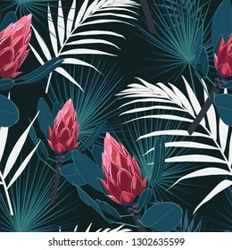 Seamless tropical pattern, vivid tropic foliage, with palm leaves, red protea flower in bloom. Black background. 