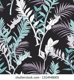 Seamless tropical pattern, vivid tropic foliage, with abstract exotic mint violet leaves. Vintage black background.