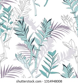 Seamless tropical pattern, vivid tropic foliage, with abstract exotic mint violet leaves. Vintage white background.