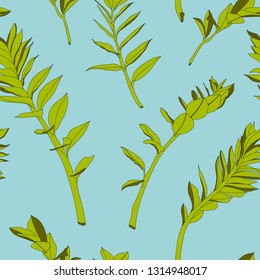 Seamless tropical pattern, vivid tropic foliage, with green exotic zamioculcas leaves. Vintage bright blue background.