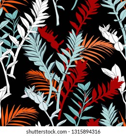 Seamless tropical pattern, vivid tropic foliage, with abstract exotic red orange leaves. Vintage black background.
