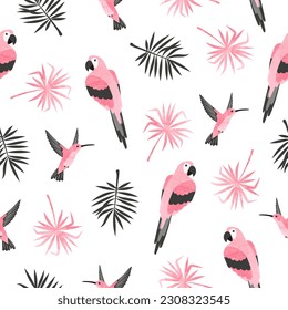 Seamless tropical pattern with watercolor birds and palm leaves. Vector parrots and hummingbirds illustration