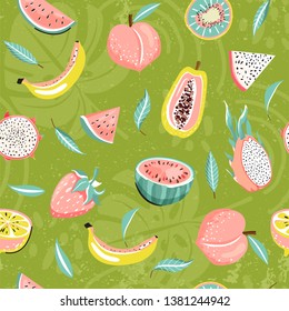 Seamless tropical pattern with watermelon, dragon fruit, strawberry, papaya, peach, lemon, kiwi, banana and leaves. Creative contemporary floral collage. Vector illustration.