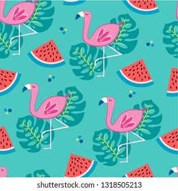 seamless tropical pattern with watermelons and flamingos and tropical leaves