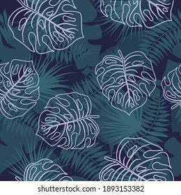 Seamless tropical pattern with white contour monstera leaves. Exotic monstera leaves on a dark background from tropical leaves. Jungle leaves seamless vector floral pattern background