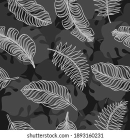 Seamless tropical pattern with white contour exotic leaves on a monstera background. Jungle leaves seamless vector floral pattern background. Monochrome vector exotic pattern