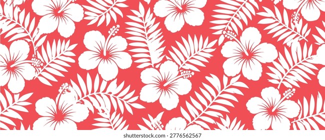 Seamless tropical pattern with white hibiscus flowers and palm leaves on a vibrant coral red background. Perfect for summer fashion, swimwear, and textile design.