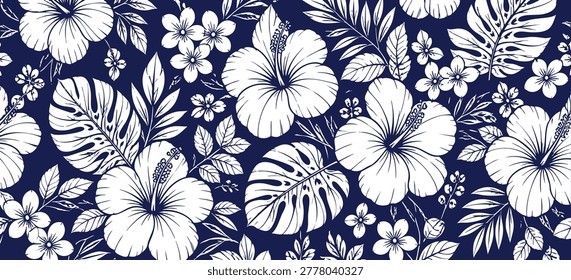 Seamless tropical pattern with white hibiscus flowers and monstera leaves on a dark blue background. Hand-drawn botanical illustration for textile design.