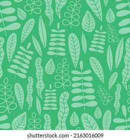 Seamless tropical pattern of white leaves on the green background. Hand-drawn exotic leaf illustration for kids, summer, spring, nursery, baby, children, textile, texture, print, cover, wallpaper