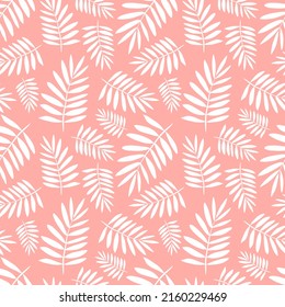 Seamless tropical pattern with white palm leaves on the pink background. Vector summer exotic illustration of a flamingo for kids, textiles, nursery, birthday, shower, paper, clothes, fabric, gift