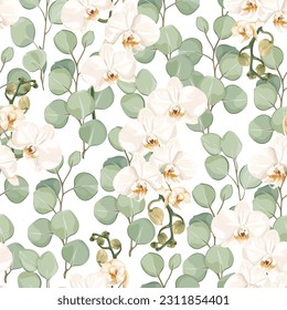 Seamless tropical pattern with white Phalaenopsis orchid flowers and eucalyptus leaves. Stock vector illustration on a white background.