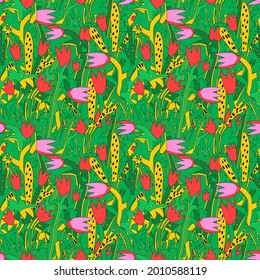 seamless tropical pattern.cartoon hippie careless flowers.funky childish style of the 60s and 70s.summer fresh trend textiles.organic green wallpaper.hand drawn bizarre leaves with outline.