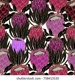 Seamless tropical pattern.Flower illustration. Modern graphics. Protea blossom. Home decor textile.