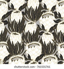 Seamless tropical pattern.Flower illustration. Modern graphics. Protea blossom. Home decor textile.