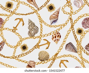 Seamless tropical patterrn with chains, anchors and shells. Trendy fashion print.