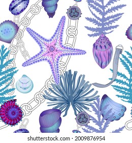 Seamless tropical patterrn with chains,plants and shells. Trendy print.