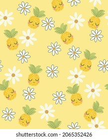 Seamless tropical pineapple and flowers vector pattern.