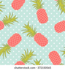 Seamless tropical pineapple fruit pattern with polka dots