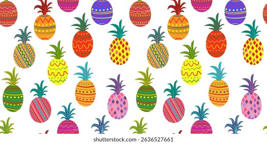 seamless tropical pineapple pattern with bright colors, abstract summer fruit background for fabric, wrapping paper, kids design, pop art style vector