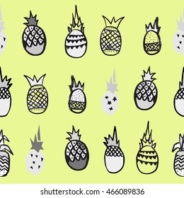 Seamless tropical pineapple pattern. Minimal yellow design template. Hand drawn, simple, scandinavian style background. Suitable for textiles, papers, wallpapers, cards and scrapbooking.