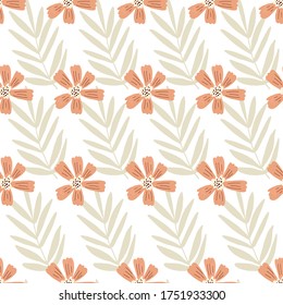 Seamless tropical pink orange pastel flower floral pattern with palm leaves.light beach pattern. Stylish repeating texture. summer beach colors.