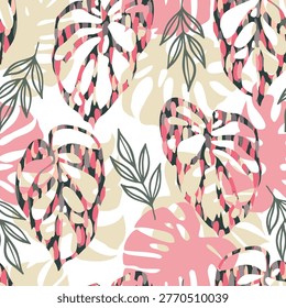 Seamless tropical pink pattern with leaves. Vector illustration hand drawning. For fabric print design texture.