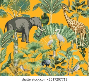 Seamless Tropical Plam tree, Watercolor Plam tree, Animal, Birds, Wedding Background.