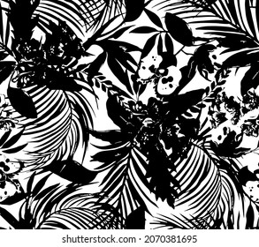 Seamless Tropical plants full of leaves and flowers, floral silhouette pattern, Vector print design. Surface pattern with exotic floral motif.  illustration for fashion, wallpapers, interior design. 