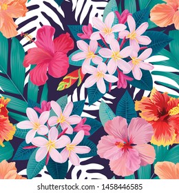 Seamless tropical plumeria flowers and palm leaves background. Vector set of blooming floral for holiday invitations, greeting card and fashion design.