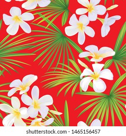 Seamless tropical plumeria flowers with palm leaves background. Vector set of blooming floral for holiday invitations, greeting card and fashion design.