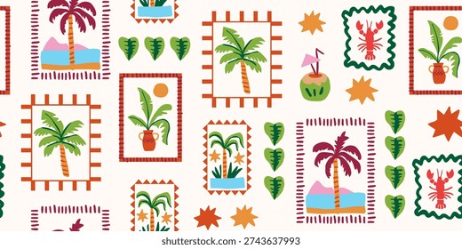 Seamless tropical postage stamp pattern with palms and lobster