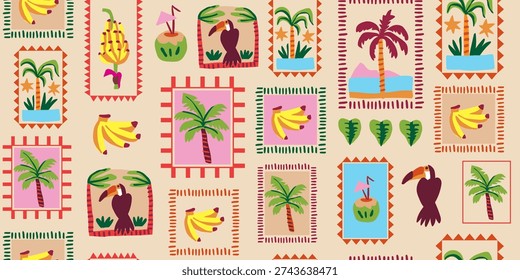 Seamless tropical postage stamp pattern in earthy brown tones