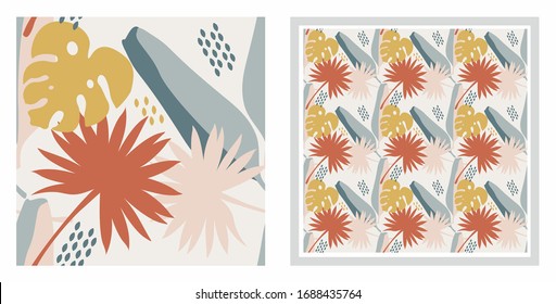 Impresión tropical perfecta - fondo de ilustración vectorial. Hojas de palmeras y plátanos.