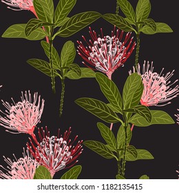 Seamless tropical protea flowers and exotic green leaves pattern on black background.  Exotic print. Vintage motives.