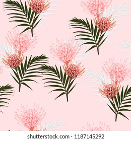 Seamless tropical protea flowers and palm leaves pattern on bright pink background.  Exotic print. Vintage motives.