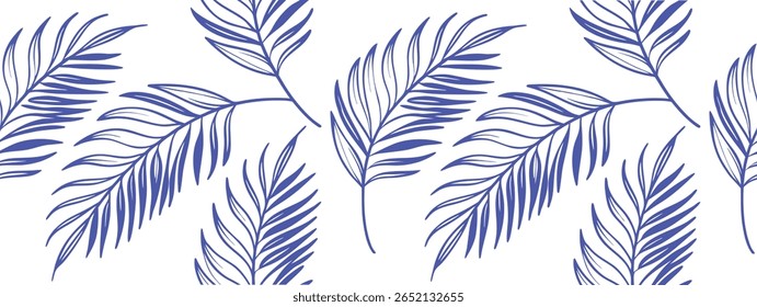 Seamless tropical purple palm leaf pattern on white background, elegant botanical line art design perfect for wallpapers, fabrics, wrapping paper, prints, and modern home projects.