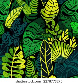 Seamless tropical rainforest pattern with green leaves and lianas vector illustration 