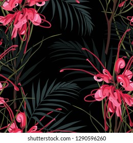 Seamless tropical red protea flower pattern background. Jungle leaves, on light background. Exotic print. Vintage motives. Black background. 