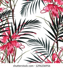 Seamless tropical red protea flower pattern background. Jungle leaves, on light background. Exotic print. Vintage motives. White background. 