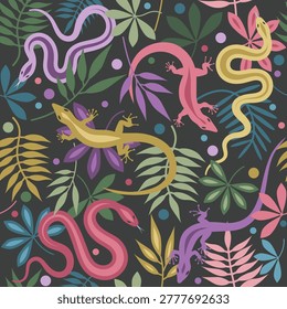 Seamless tropical reptiles and leaves pattern